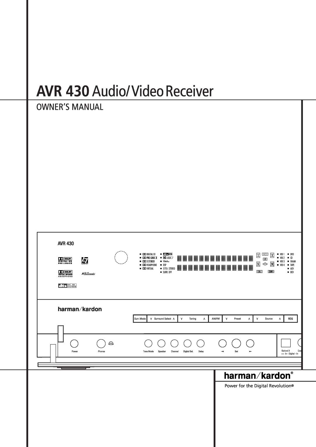 Harman-Kardon owner manual AVR 430 Audio/ Video Receiver, Owner’S Manual 