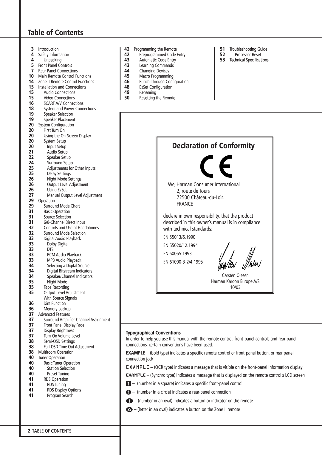 Harman-Kardon AVR 430 owner manual Table of Contents, Declaration of Conformity, We, Harman Consumer International 