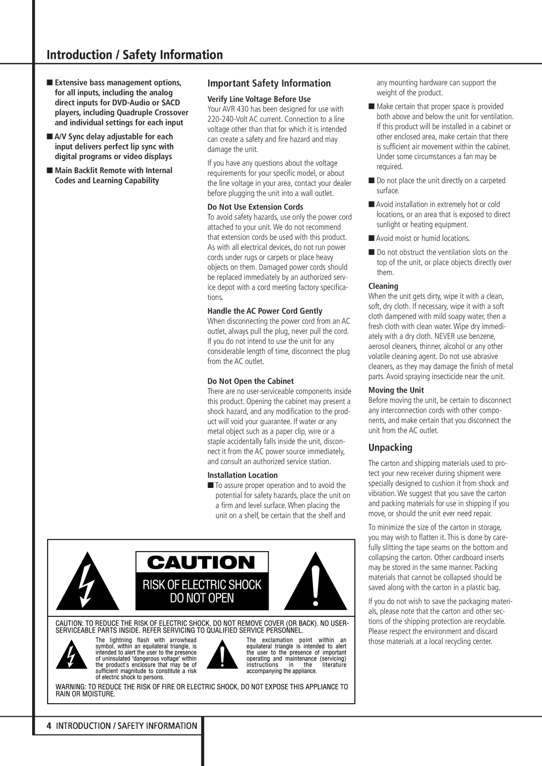 Harman-Kardon AVR 430 Introduction / Safety Information, Important Safety Information, Unpacking, Do Not Open the Cabinet 