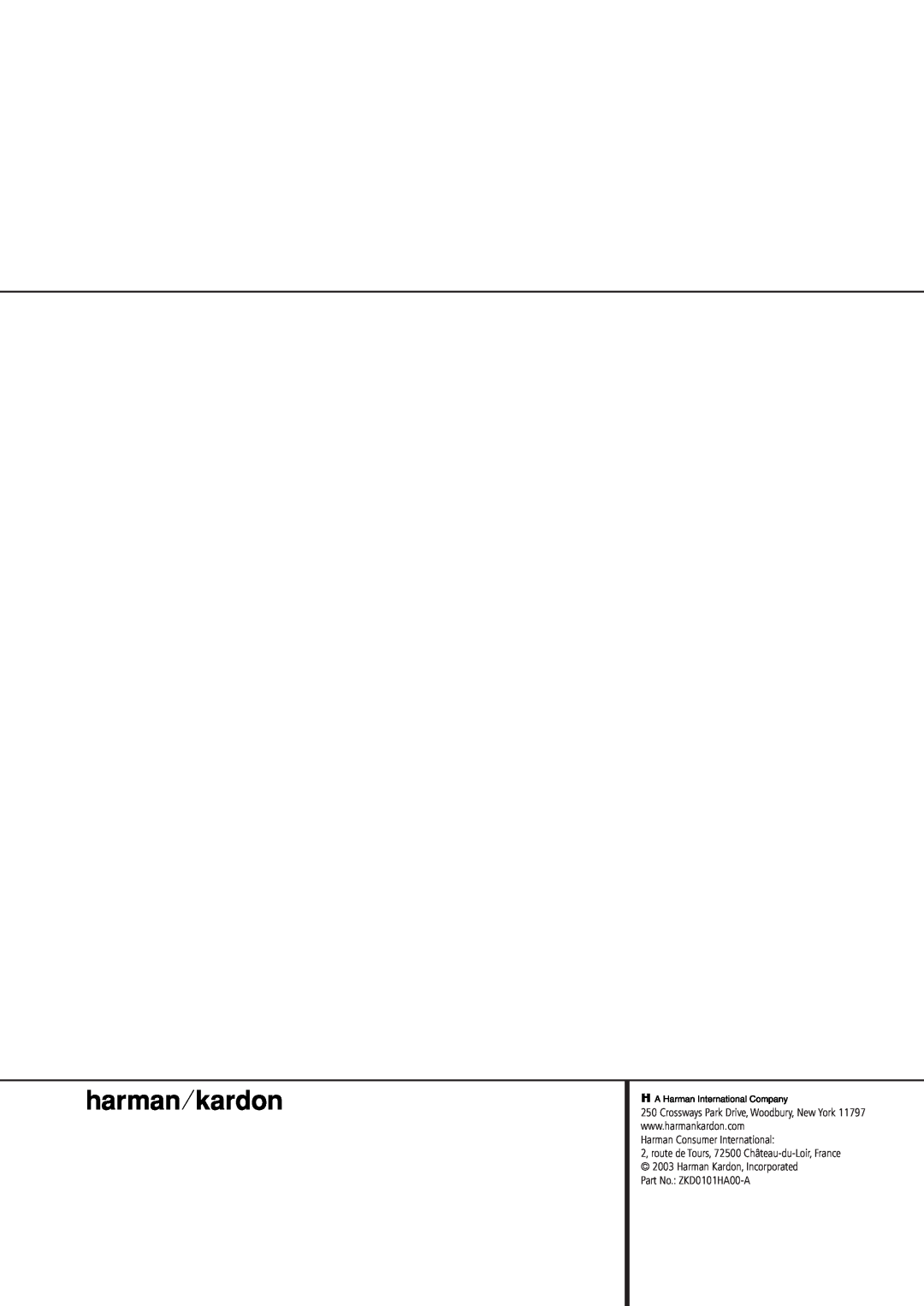 Harman-Kardon AVR 430 owner manual Harman Consumer International, Part No.: ZKD0101HA00-A 