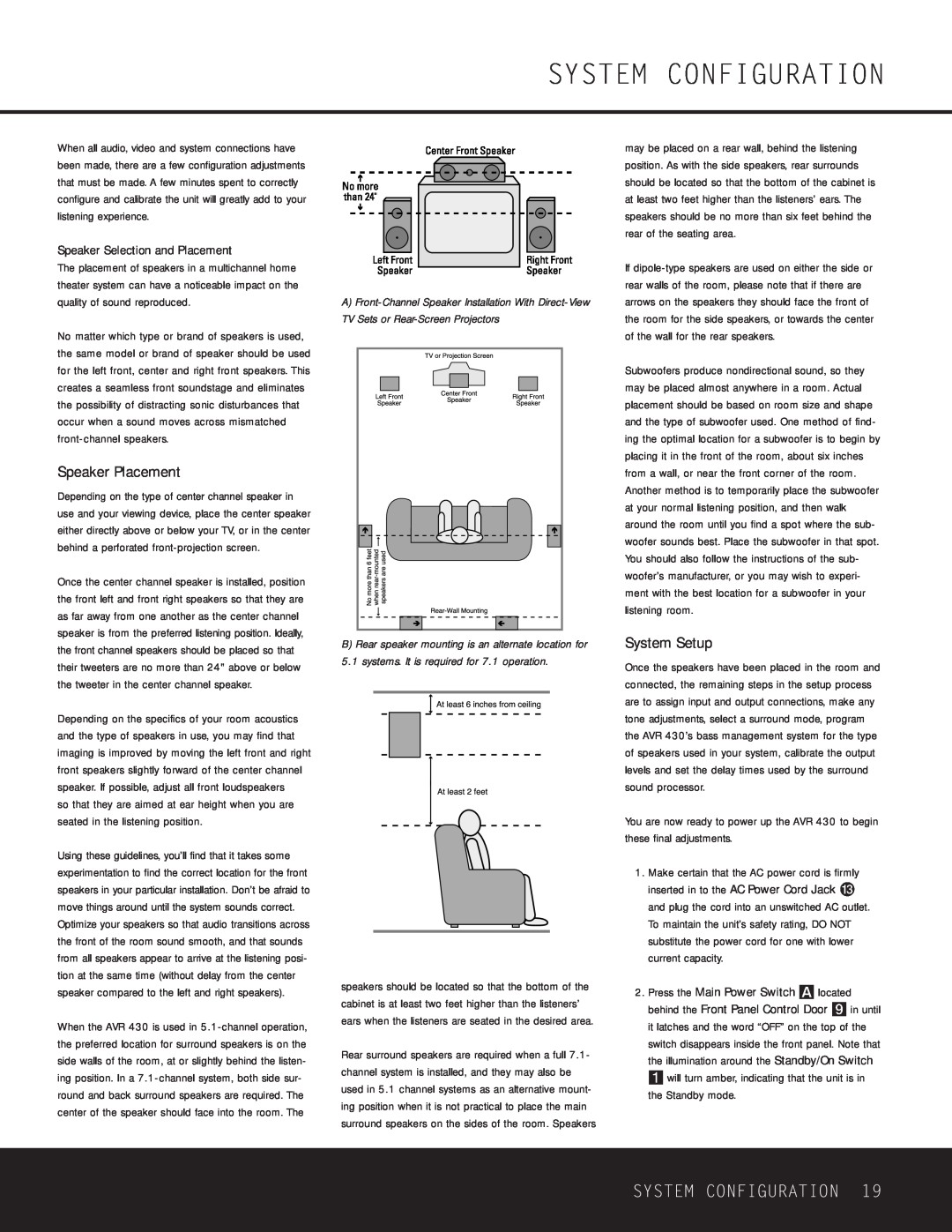 Harman-Kardon AVR 430 owner manual System Configuration, Speaker Placement, System Setup, Speaker Selection and Placement 