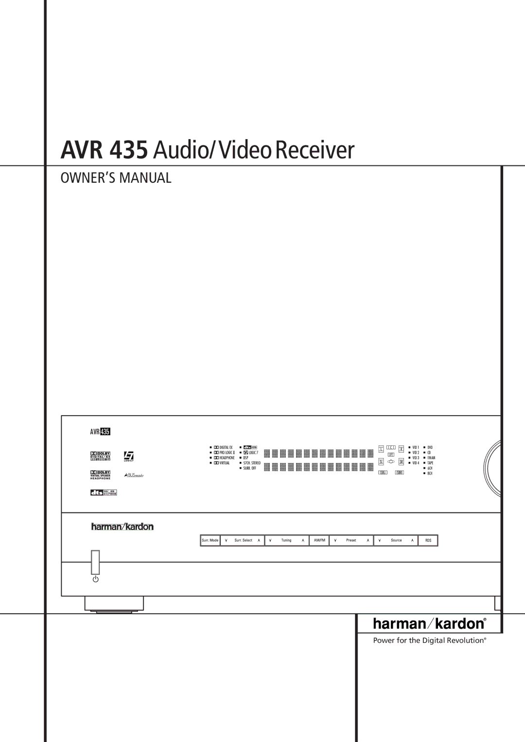 Harman-Kardon AVR 435 owner manual Avr, Power for the Digital Revolution 