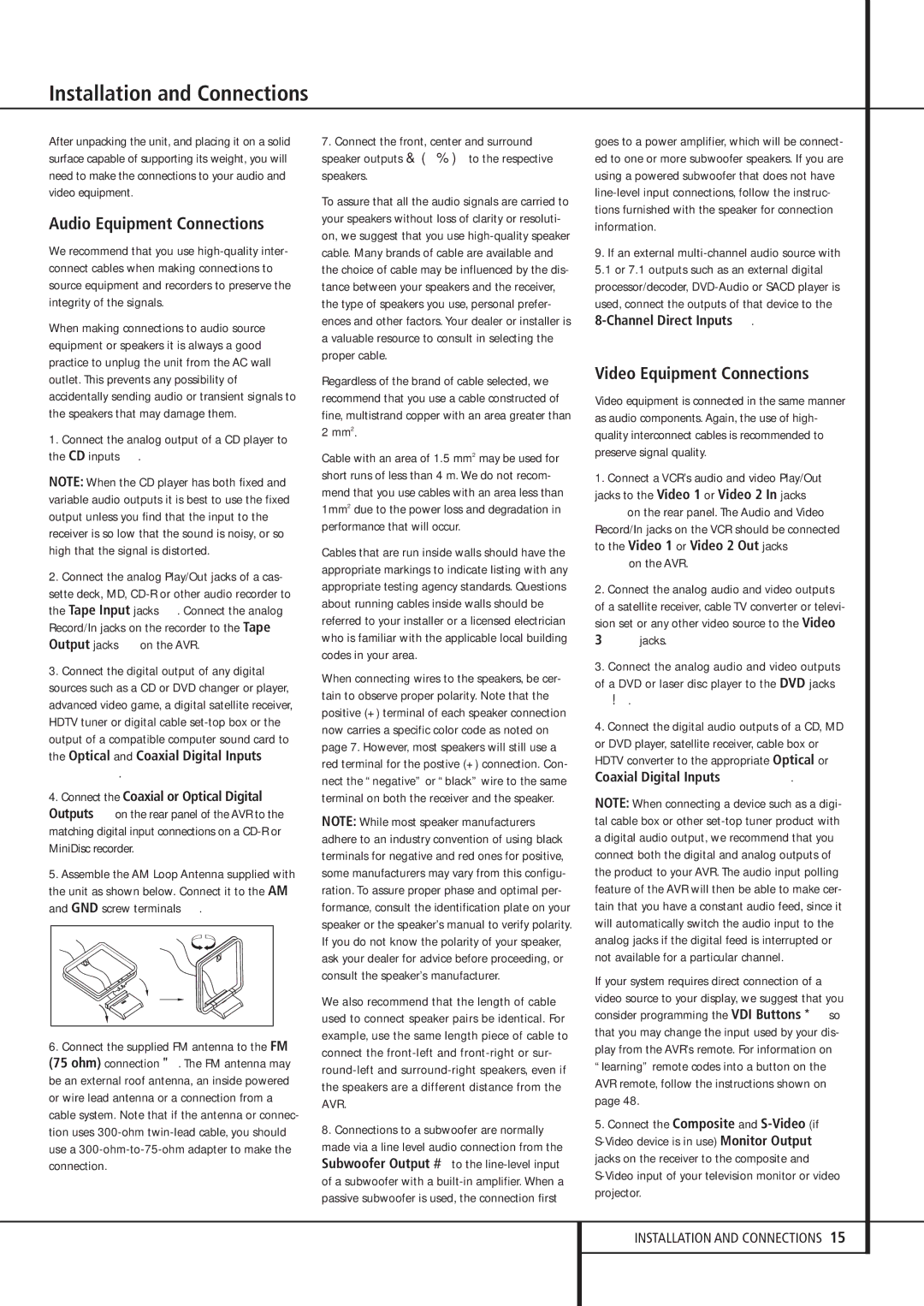 Harman-Kardon AVR 435 owner manual Installation and Connections, Audio Equipment Connections, Video Equipment Connections 