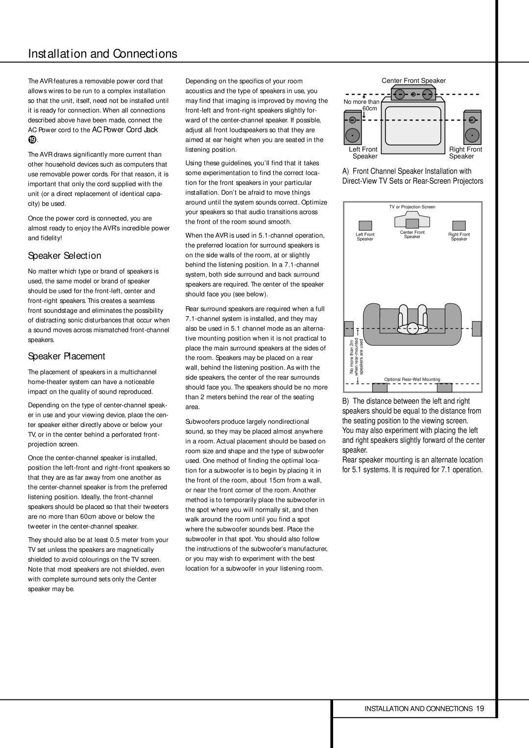 Harman-Kardon AVR 435 owner manual Speaker Selection, Speaker Placement 