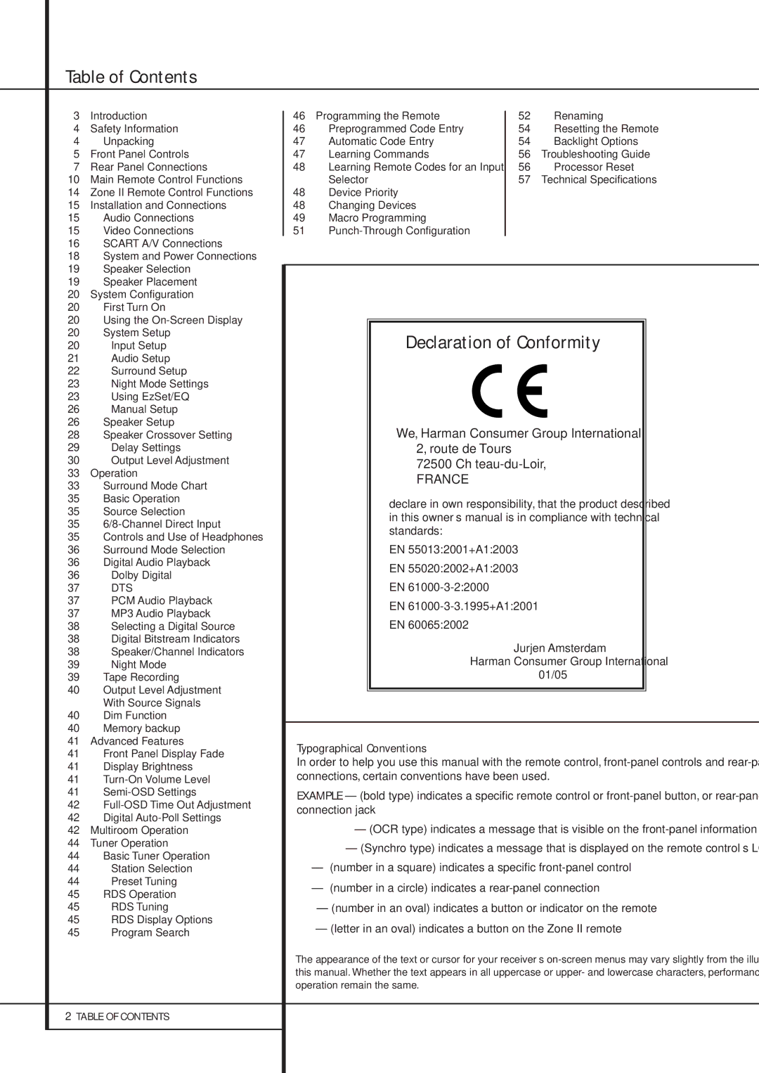 Harman-Kardon AVR 435 owner manual Table of Contents, Declaration of Conformity 