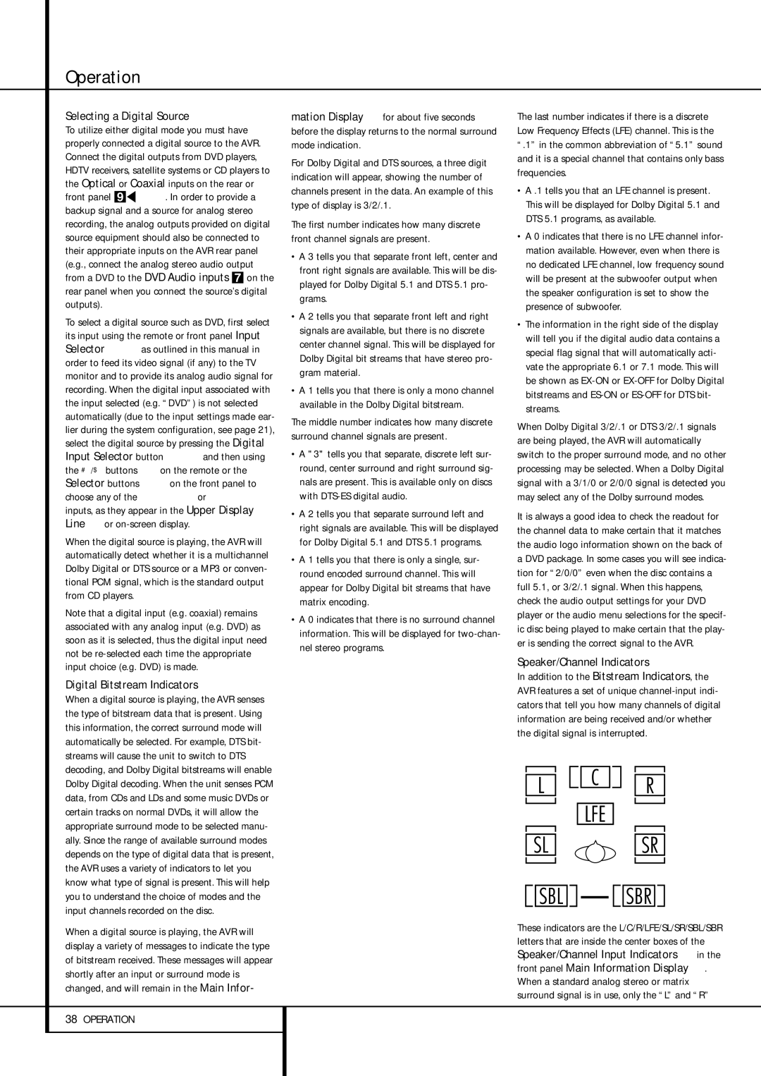 Harman-Kardon AVR 435 owner manual Selecting a Digital Source, Digital Bitstream Indicators, Speaker/Channel Indicators 