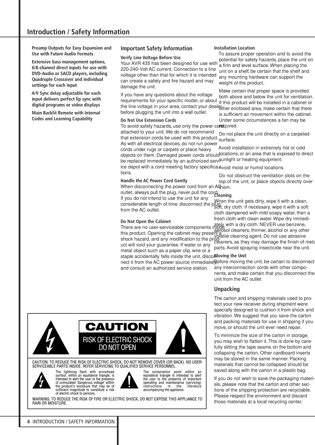 Harman-Kardon AVR 435 owner manual Introduction / Safety Information, Important Safety Information, Unpacking 