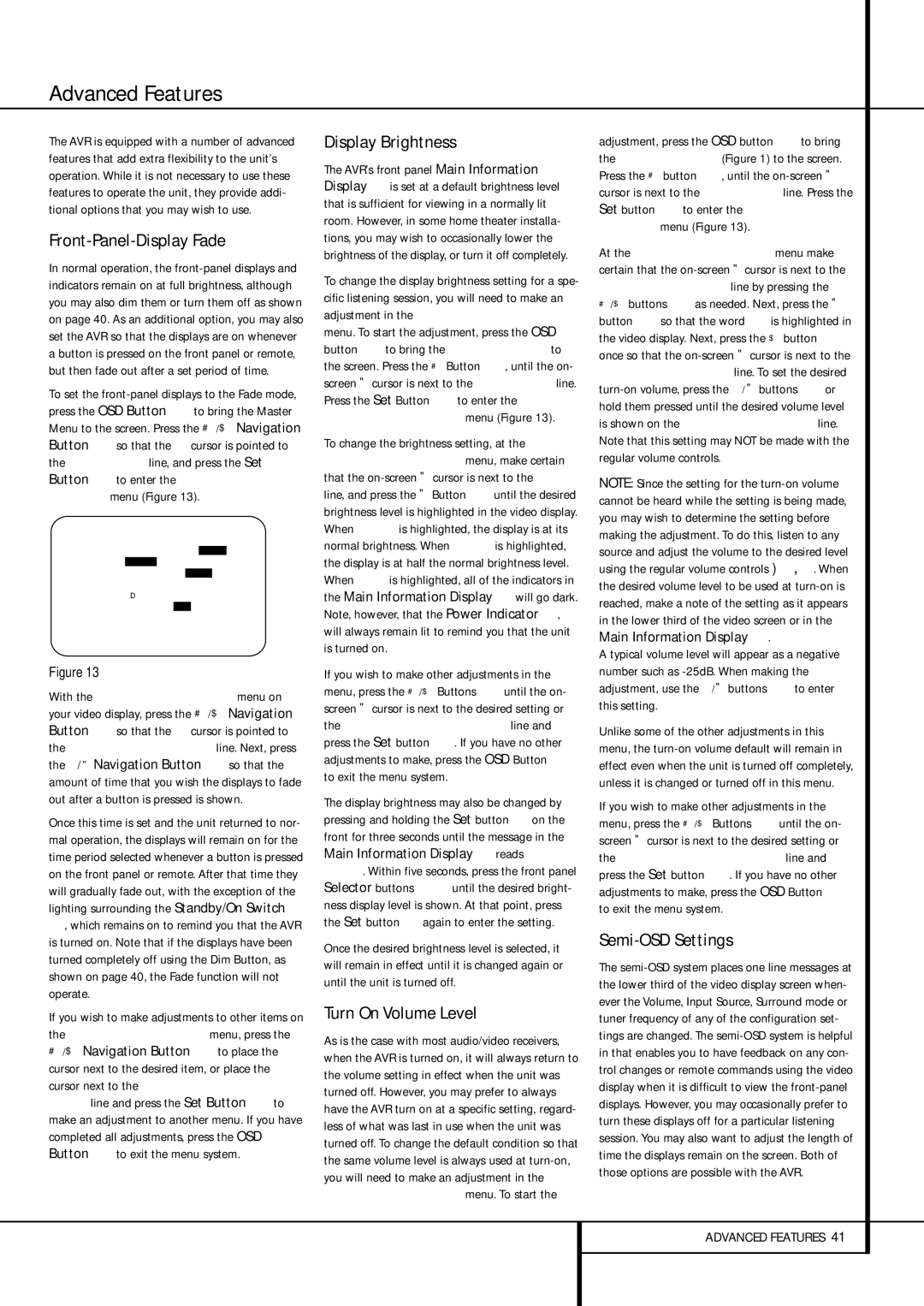 Harman-Kardon AVR 435 owner manual Advanced Features, Front-Panel-Display Fade, Display Brightness, Turn On Volume Level 