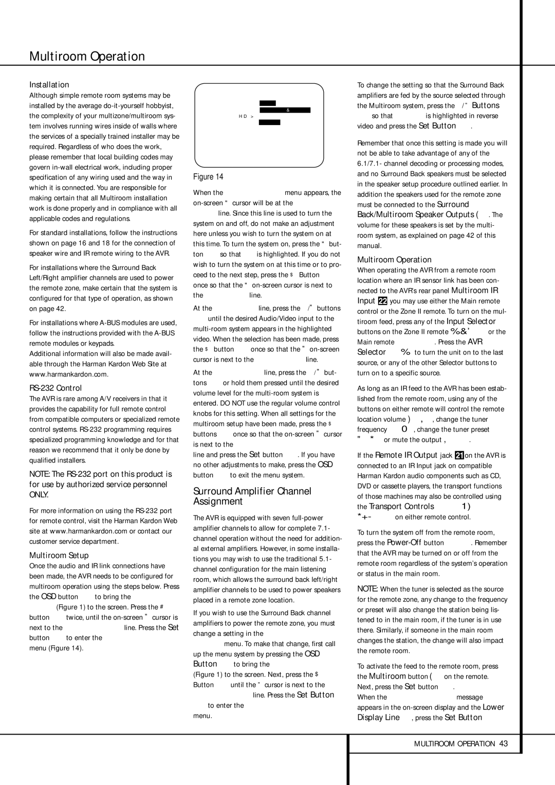 Harman-Kardon AVR 435 owner manual Multiroom Operation, Surround Amplifier Channel Assignment 