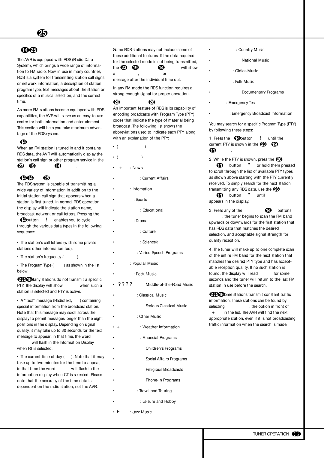 Harman-Kardon AVR 435 owner manual Tuner Operation, RDS Operation, RDS Tuning, RDS Display Options, Program Search PTY 