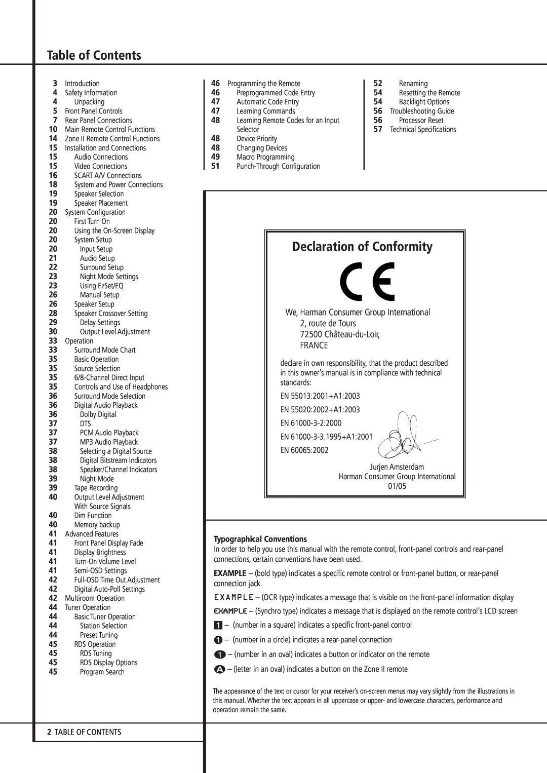 Harman-Kardon AVR 435 owner manual Table of Contents, Declaration of Conformity, We, Harman Consumer Group International 