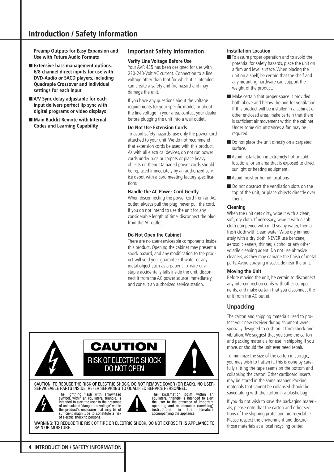 Harman-Kardon AVR 435 Introduction / Safety Information, Important Safety Information, Unpacking, Do Not Open the Cabinet 