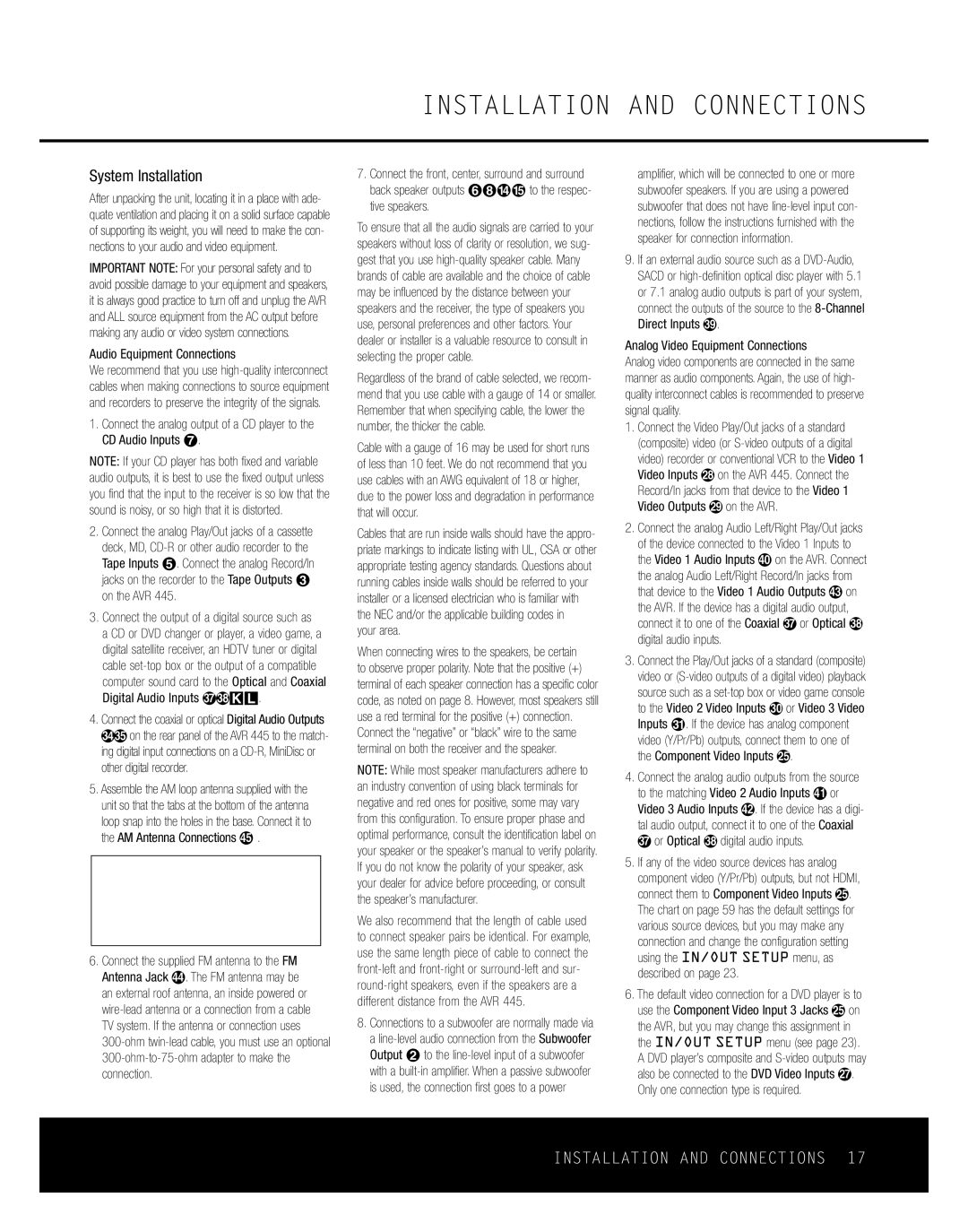 Harman-Kardon AVR 445 Installation and Connections, System Installation, Audio Equipment Connections, Your area 