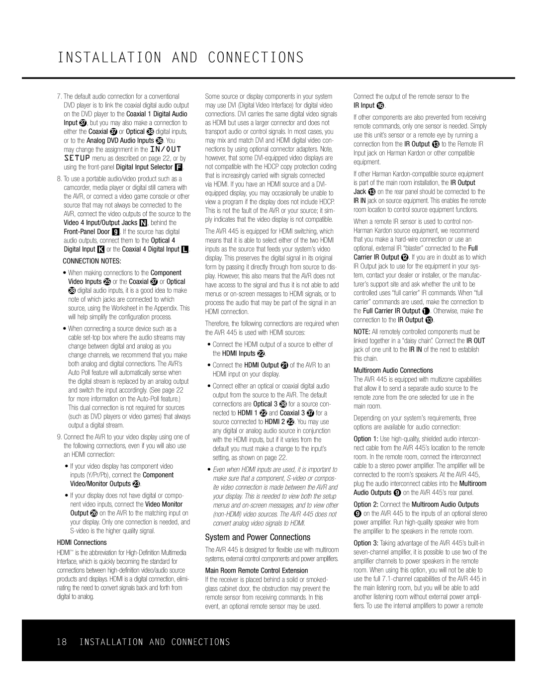 Harman-Kardon AVR 445 owner manual System and Power Connections 