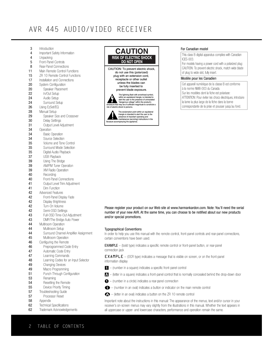 Harman-Kardon owner manual AVR 445 AUDIO/VIDEO Receiver, Modèle pour les Canadien 