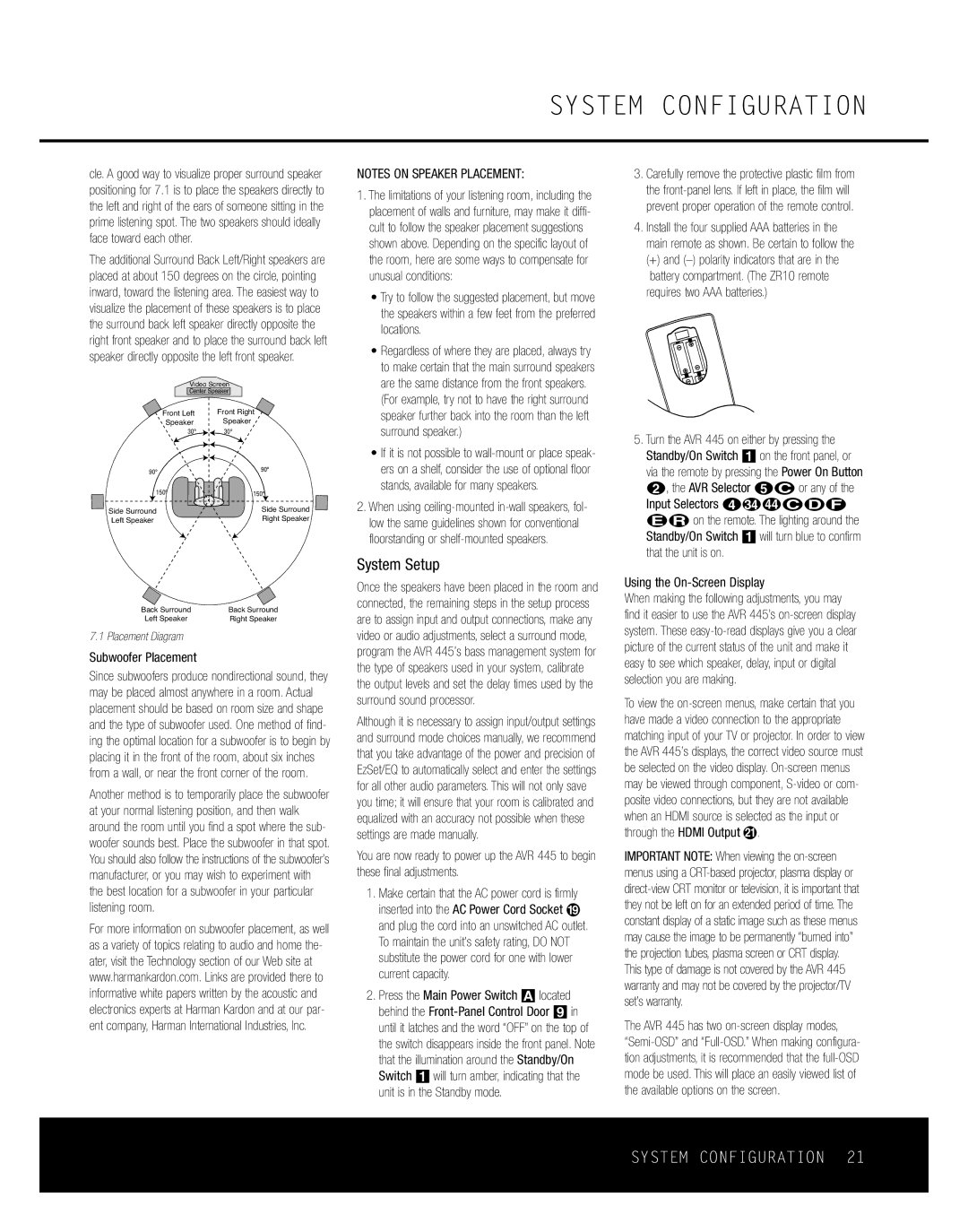Harman-Kardon AVR 445 System Setup, Subwoofer Placement, + and polarity indicators that are, Using the On-Screen Display 