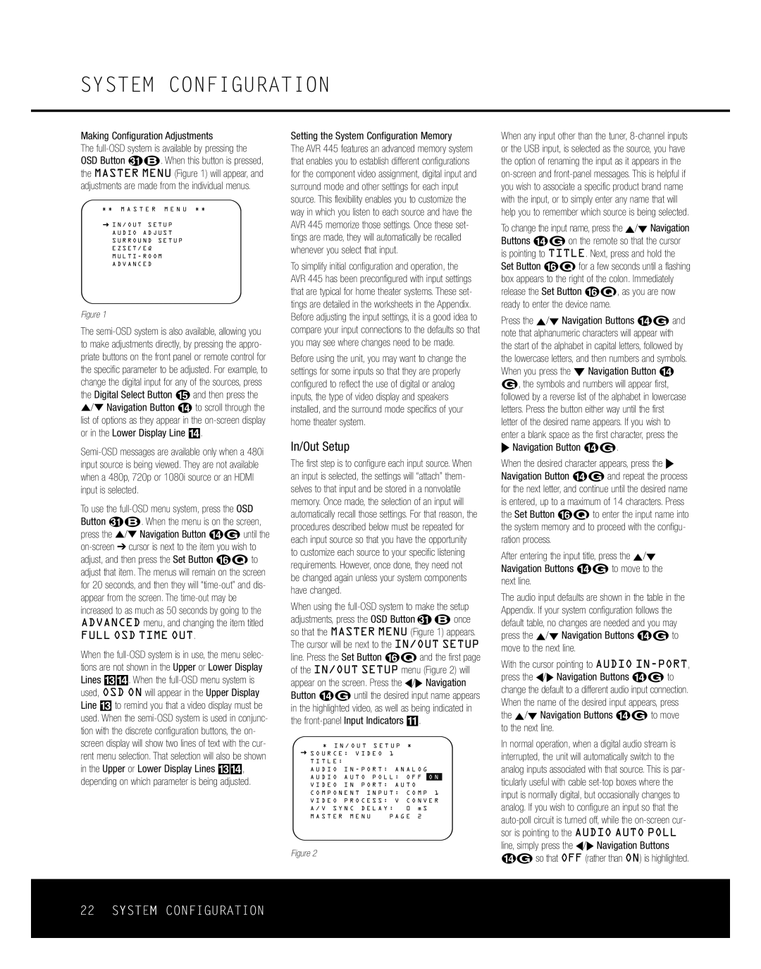 Harman-Kardon AVR 445 owner manual In/Out Setup, Making Configuration Adjustments, Setting the System Configuration Memory 