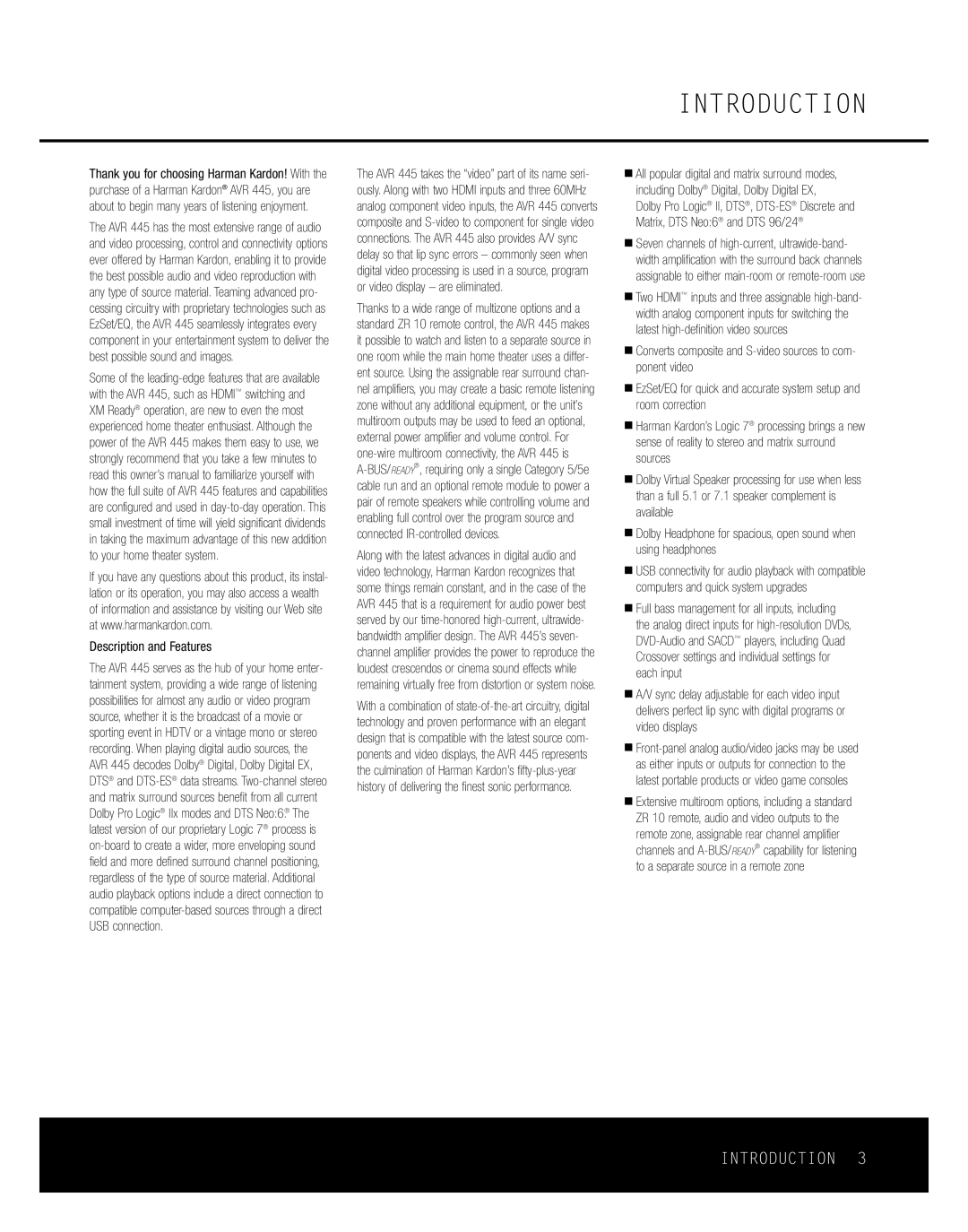 Harman-Kardon AVR 445 owner manual Introduction, Description and Features 