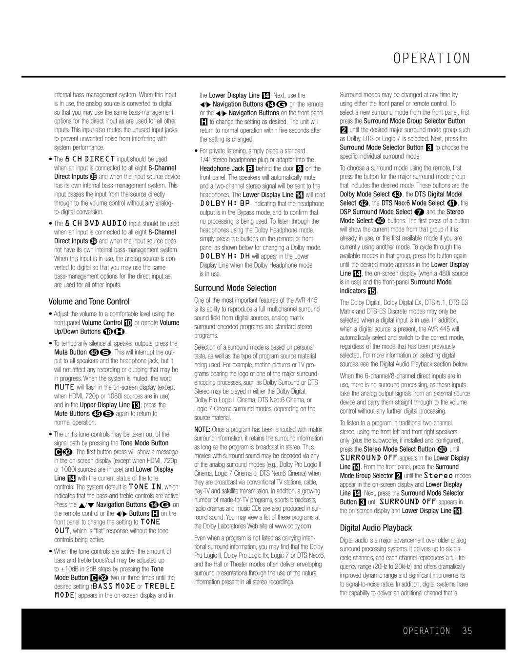 Harman-Kardon AVR 445 owner manual Volume and Tone Control, Surround Mode Selection, Digital Audio Playback, Is in use 