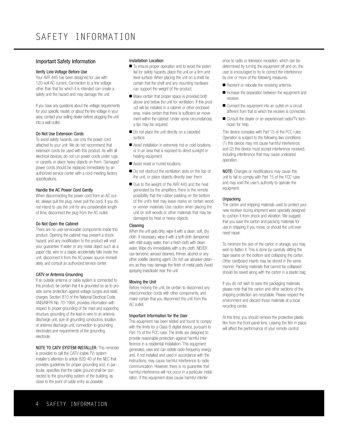 Harman-Kardon AVR 445 owner manual Important Safety Information 