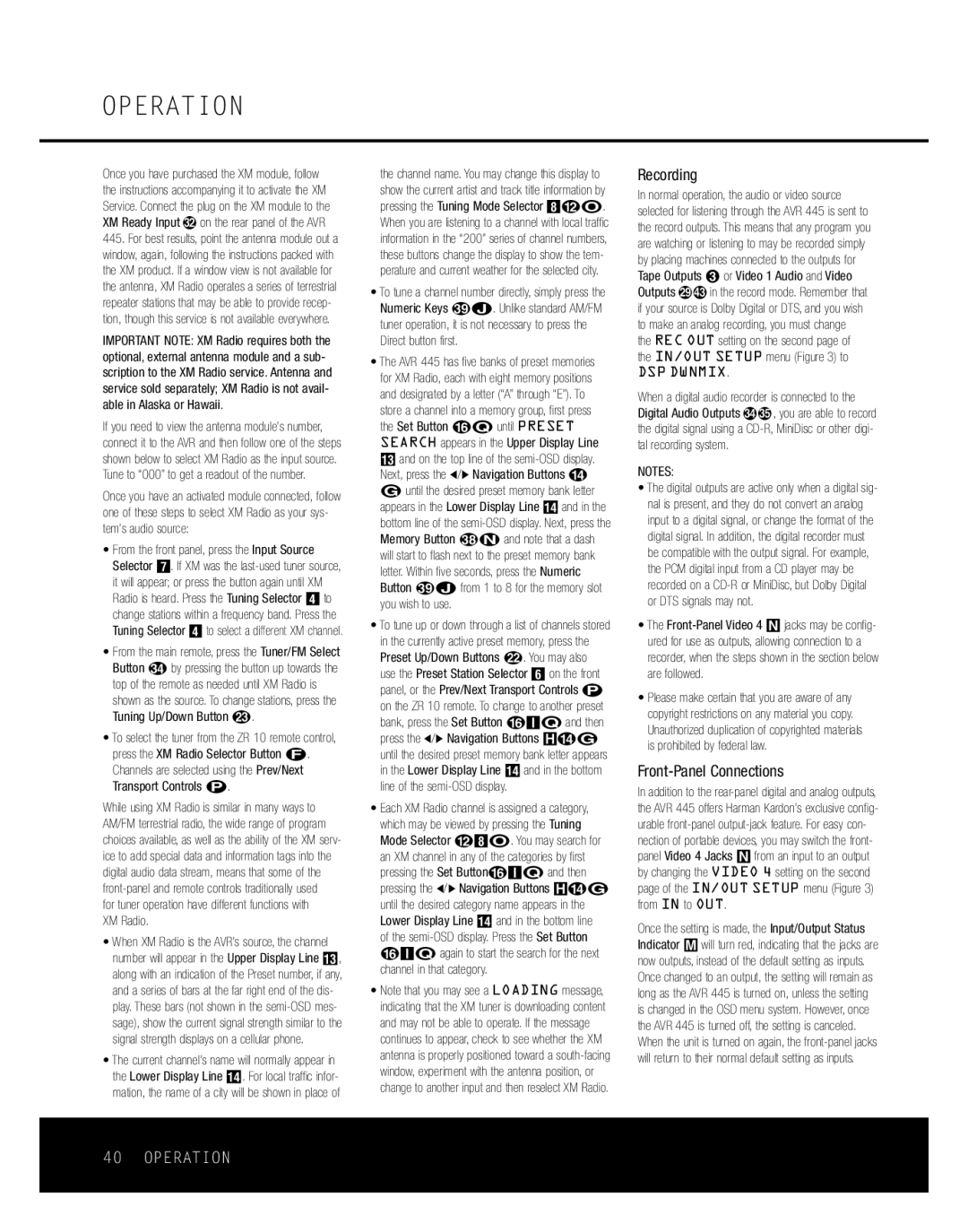 Harman-Kardon AVR 445 Recording, Front-Panel Connections, For tuner operation have different functions with XM Radio 