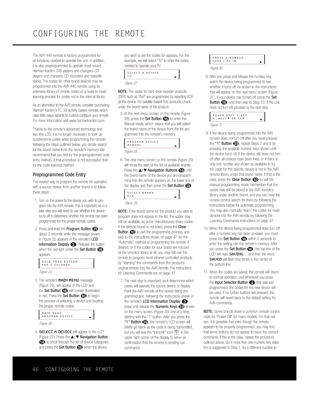 Harman-Kardon AVR 445 owner manual Configuring the Remote, Preprogrammed Code Entry, Bottom line 