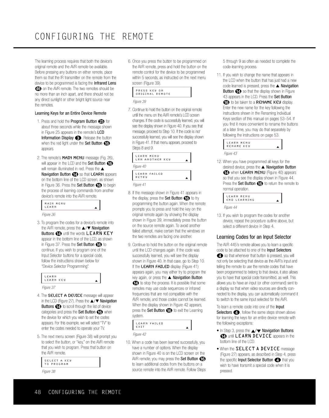 Harman-Kardon AVR 445 owner manual Learning Codes for an Input Selector, Learning Keys for an Entire Device Remote 