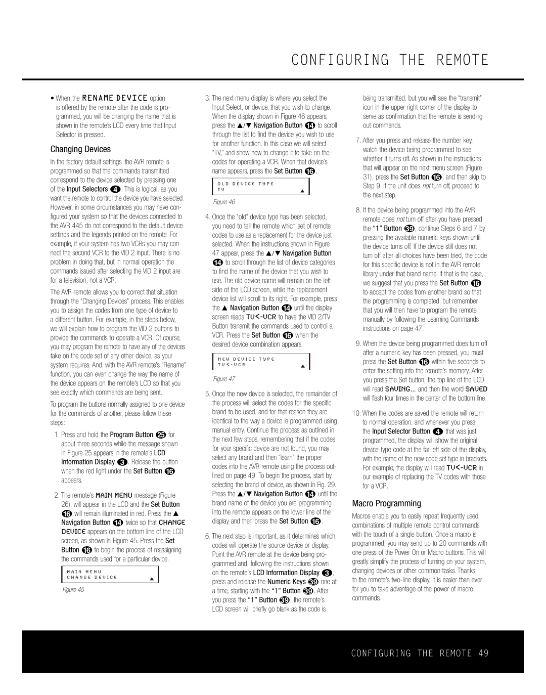 Harman-Kardon AVR 445 owner manual Changing Devices, Macro Programming 