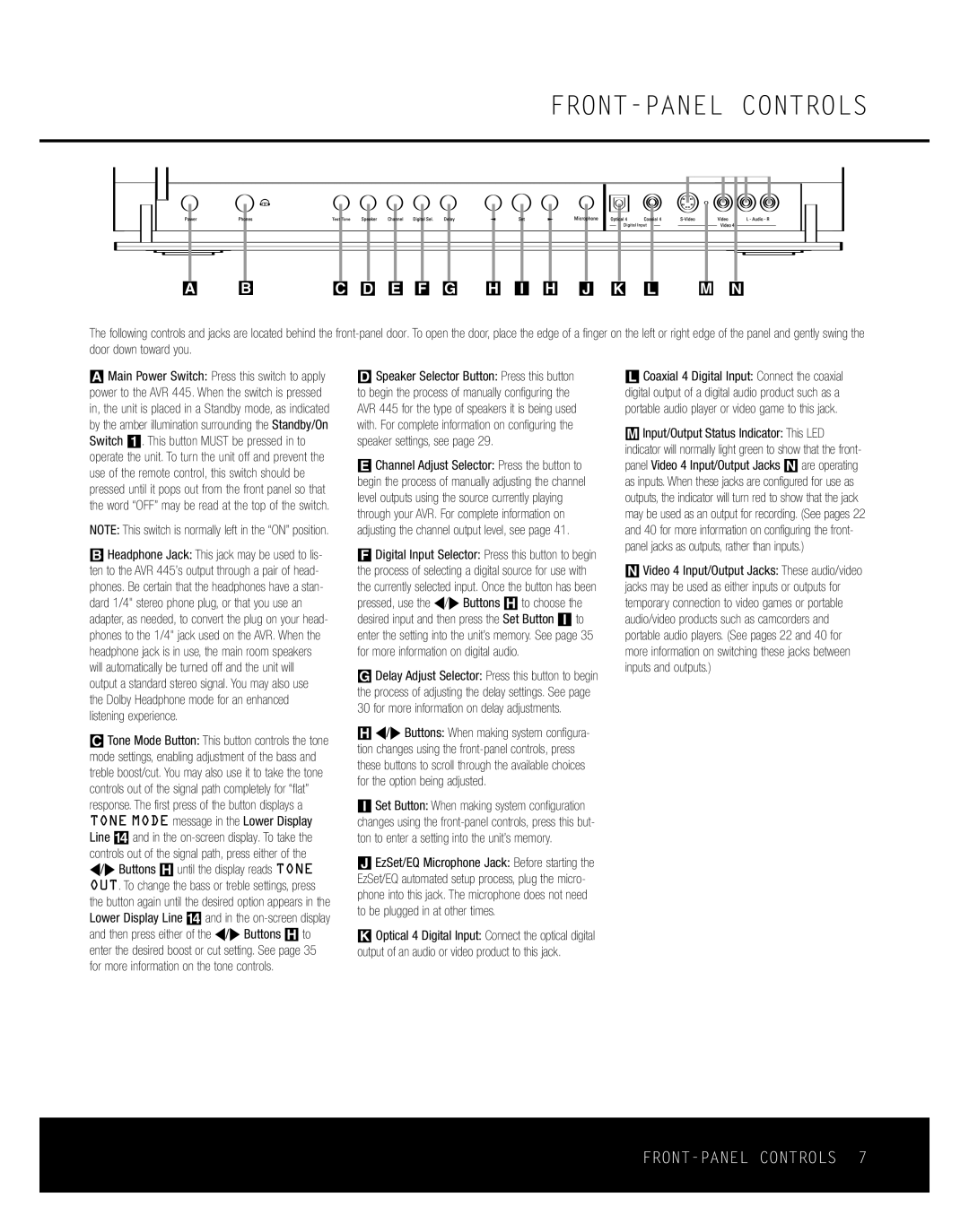 Harman-Kardon AVR 445 owner manual FRONT-PANEL Controls 