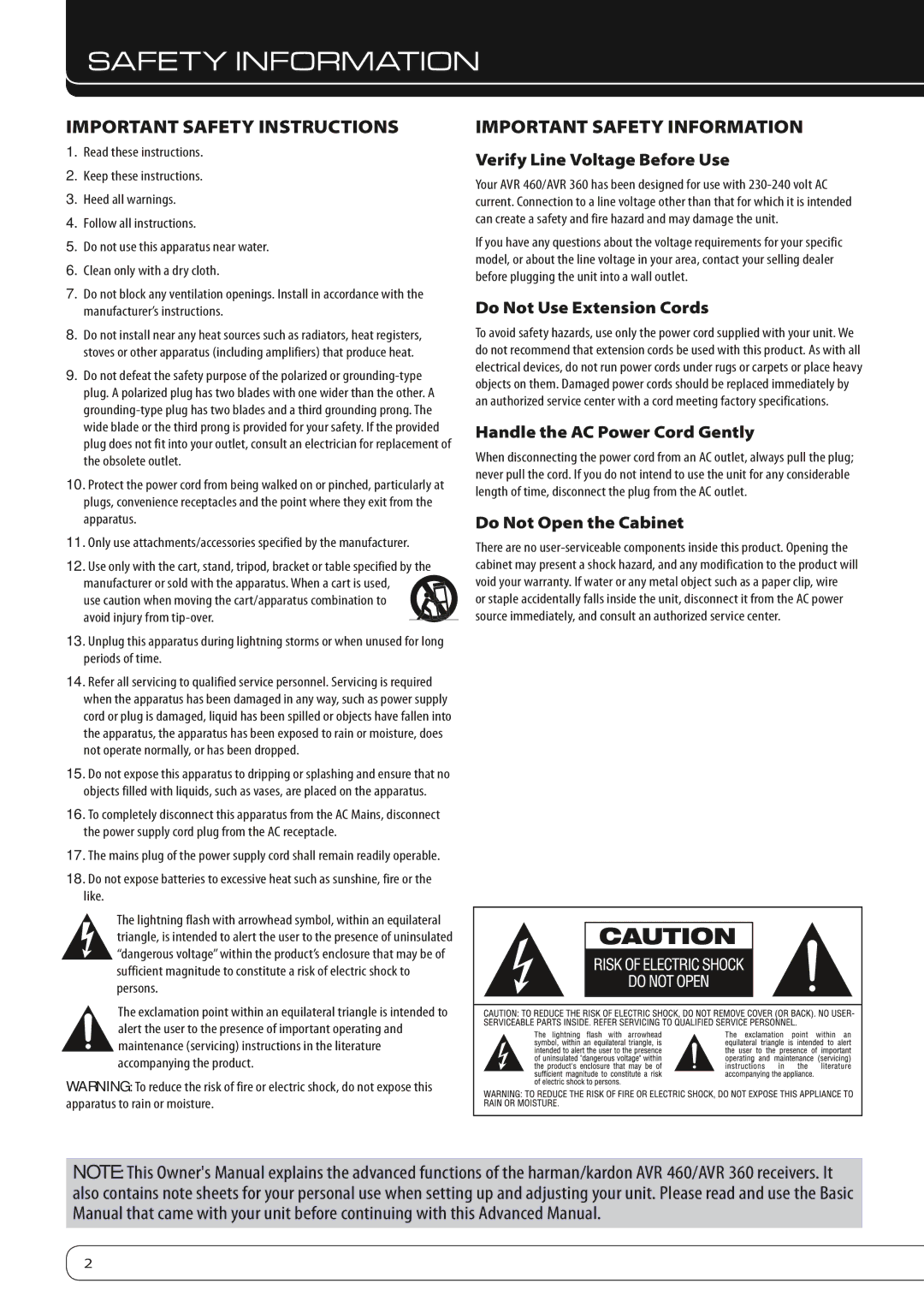 Harman-Kardon AVR 460, AVR 360 manual Important Safety Instructions, Important Safety Information 