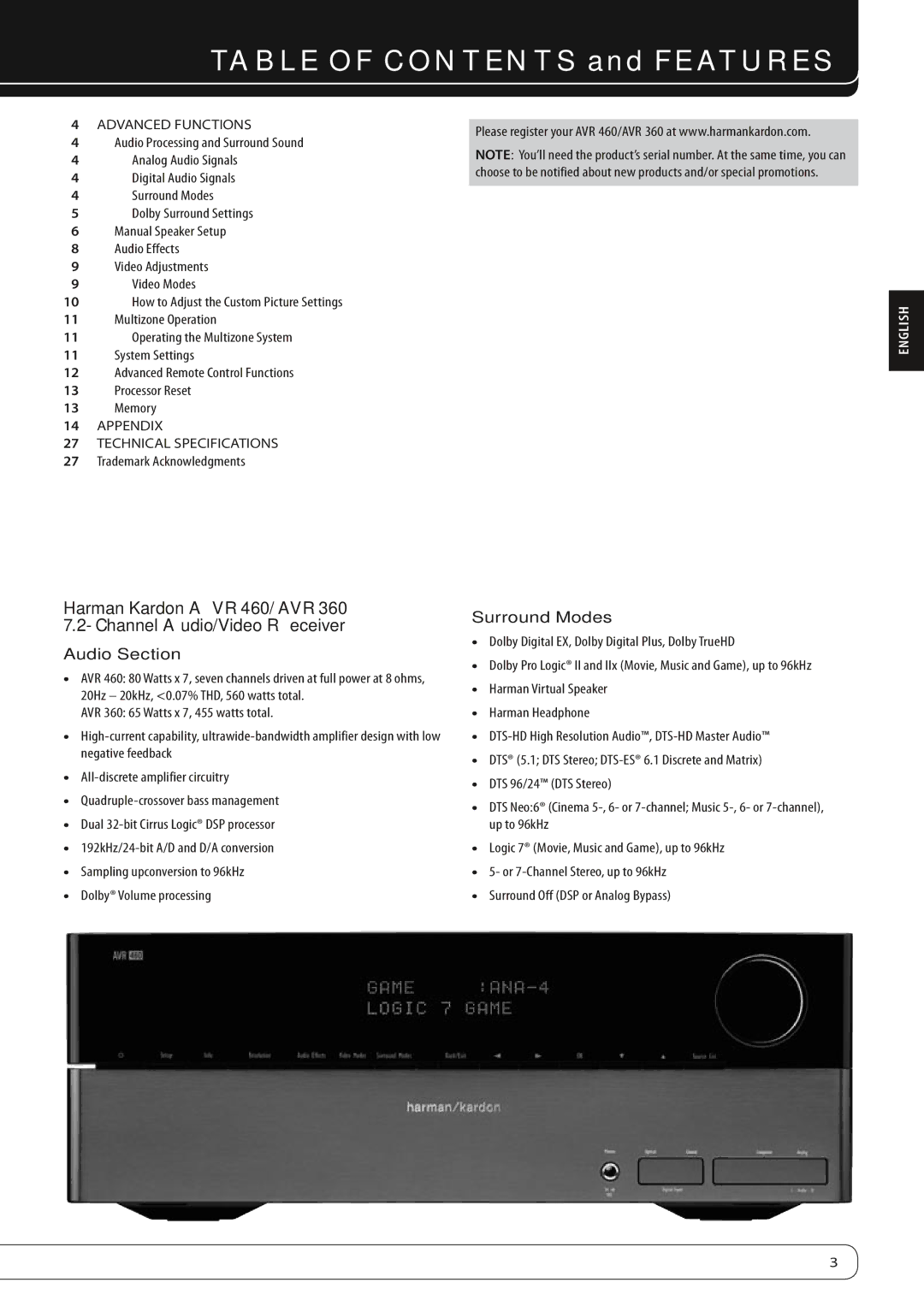 Harman-Kardon AVR 360, AVR 460 manual Table of Contents and Features 