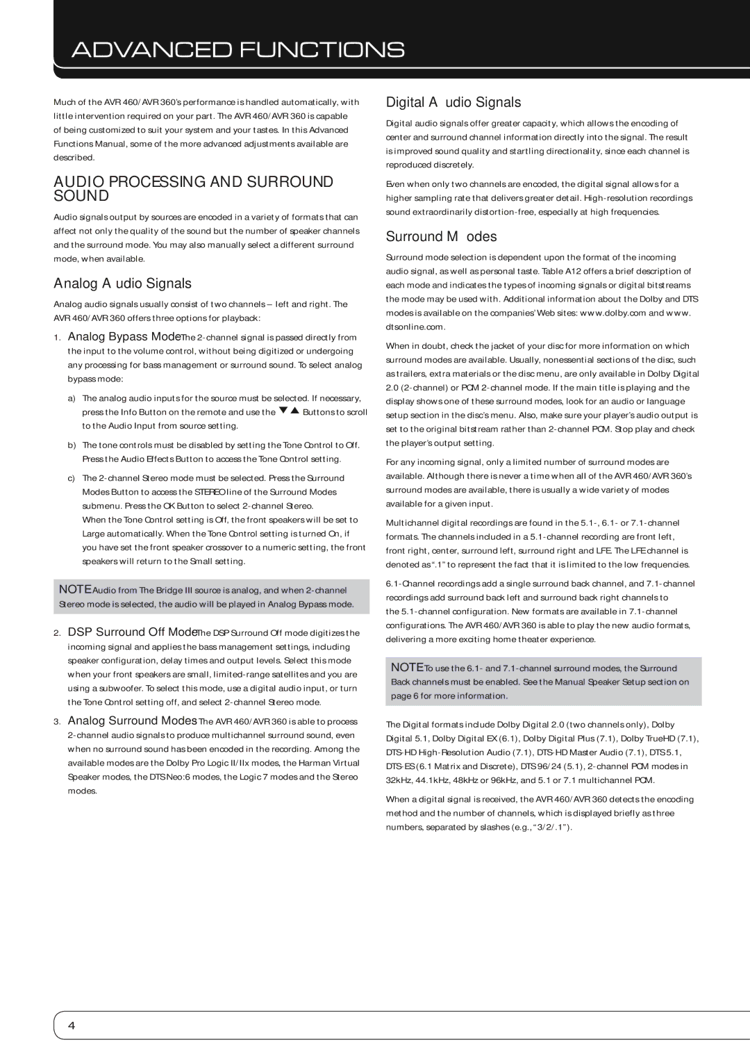 Harman-Kardon AVR 460 Audio Processing and Surround Sound, Analog Audio Signals, Digital Audio Signals, Surround Modes 