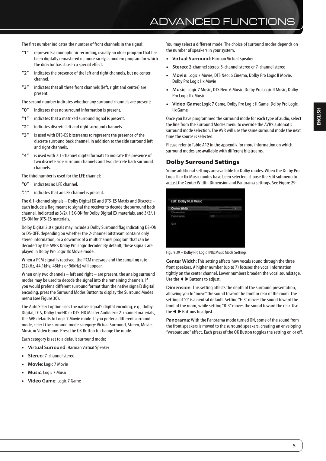 Harman-Kardon AVR 360, AVR 460 manual Dolby Surround Settings, Indicates that an LFE channel is present 