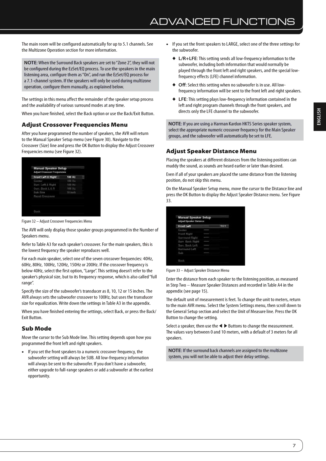 Harman-Kardon AVR 360, AVR 460 manual Adjust Crossover Frequencies Menu, Adjust Speaker Distance Menu, Sub Mode 