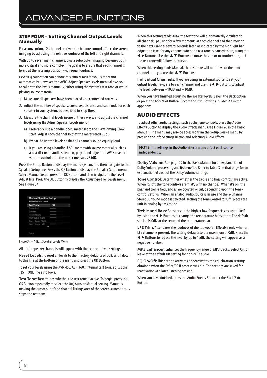 Harman-Kardon AVR 460, AVR 360 manual Audio Effects, Step Four Setting Channel Output Levels Manually 