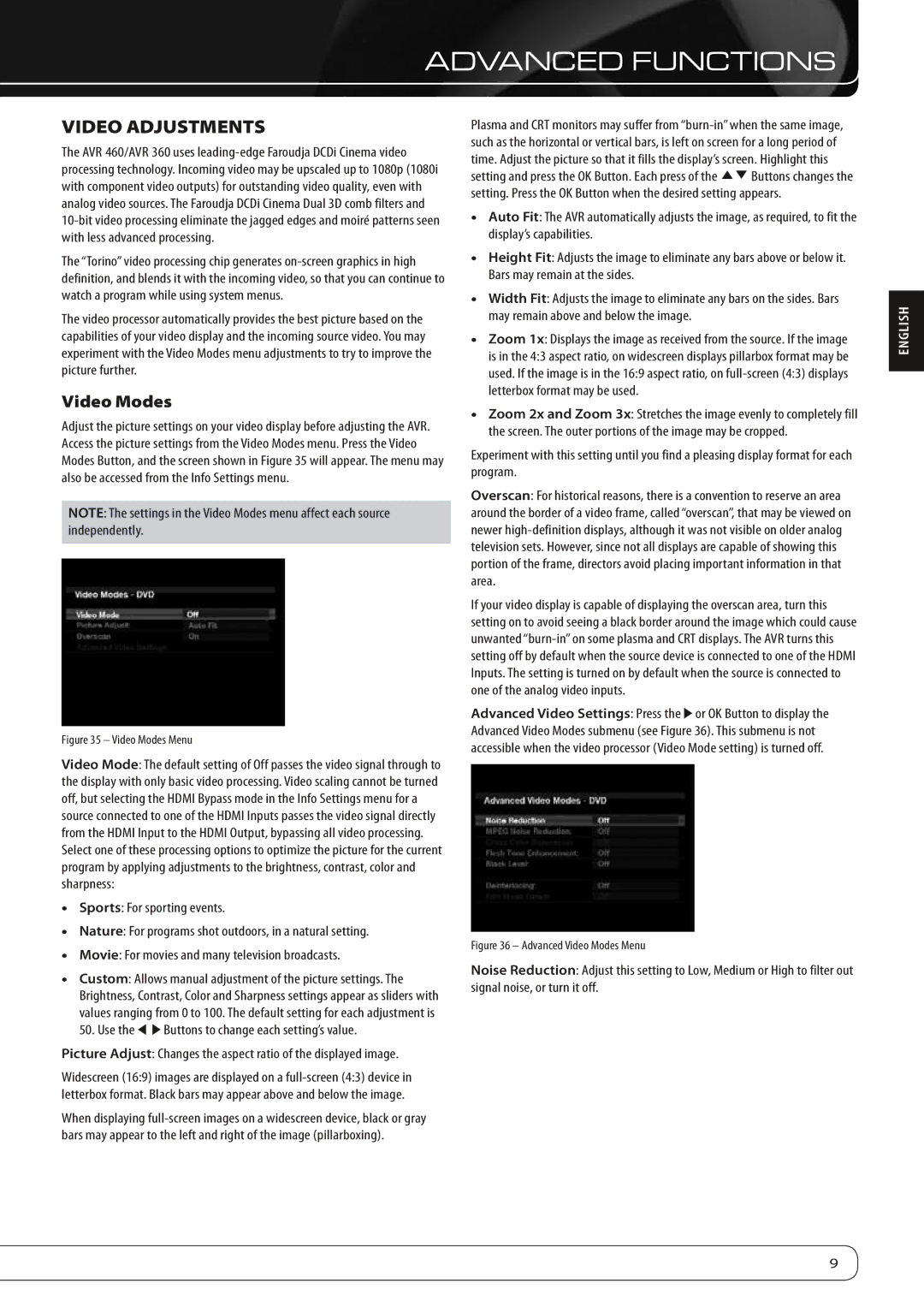 Harman-Kardon AVR 360, AVR 460 manual Video Adjustments, Video Modes 