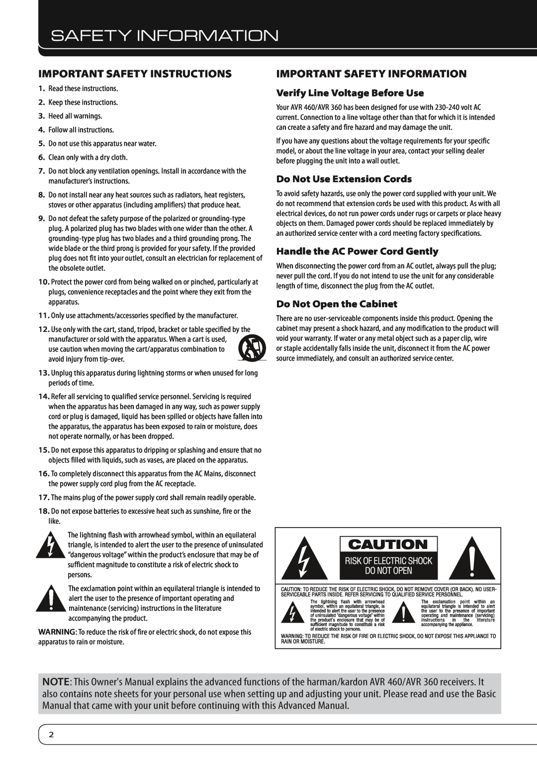Harman-Kardon AVR 460 Important Safety Instructions, Important Safety Information, Verify Line Voltage Before Use 