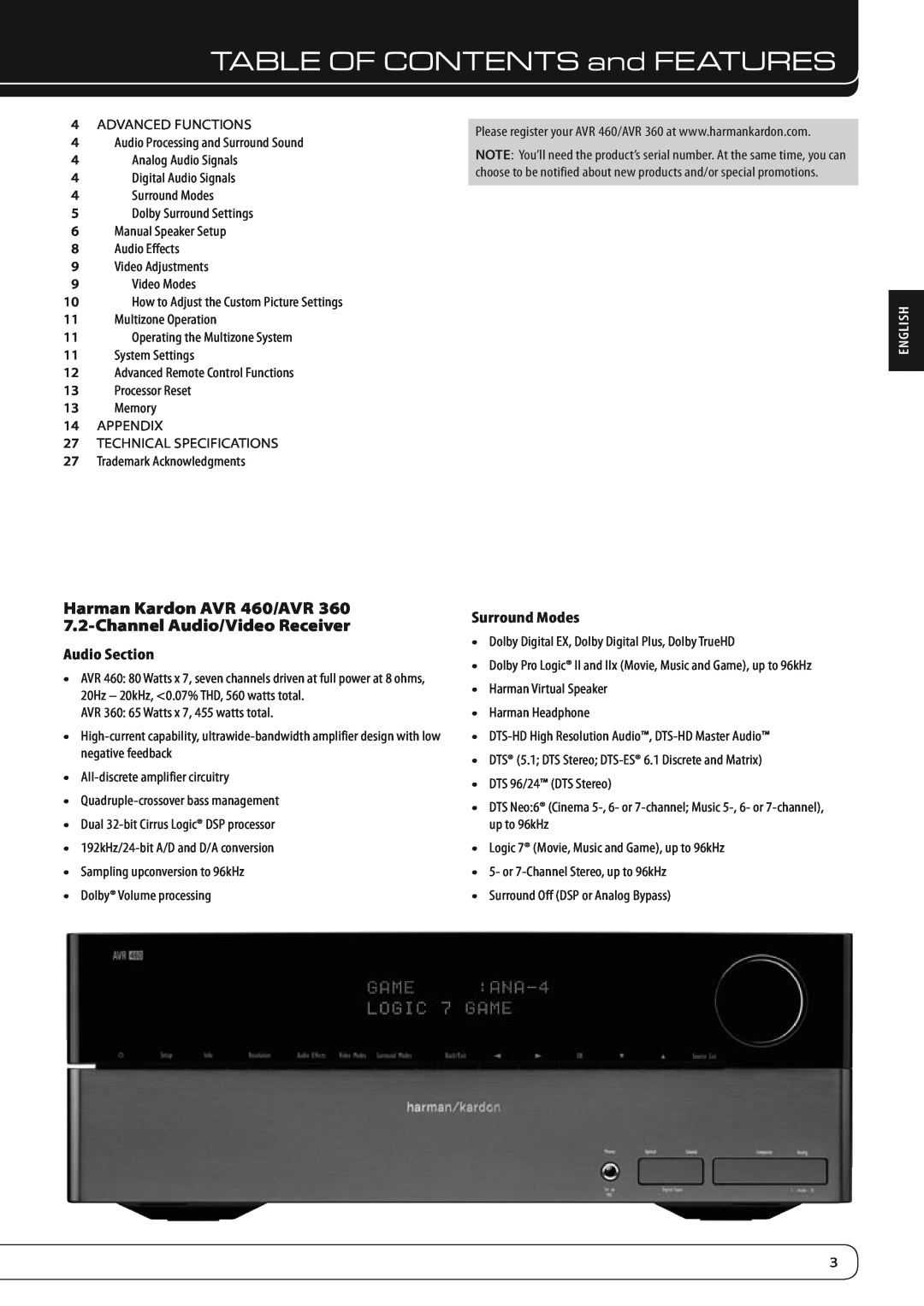 Harman-Kardon AVR 360, AVR 460 manual TABLE OF CONTENTS and Features, English 