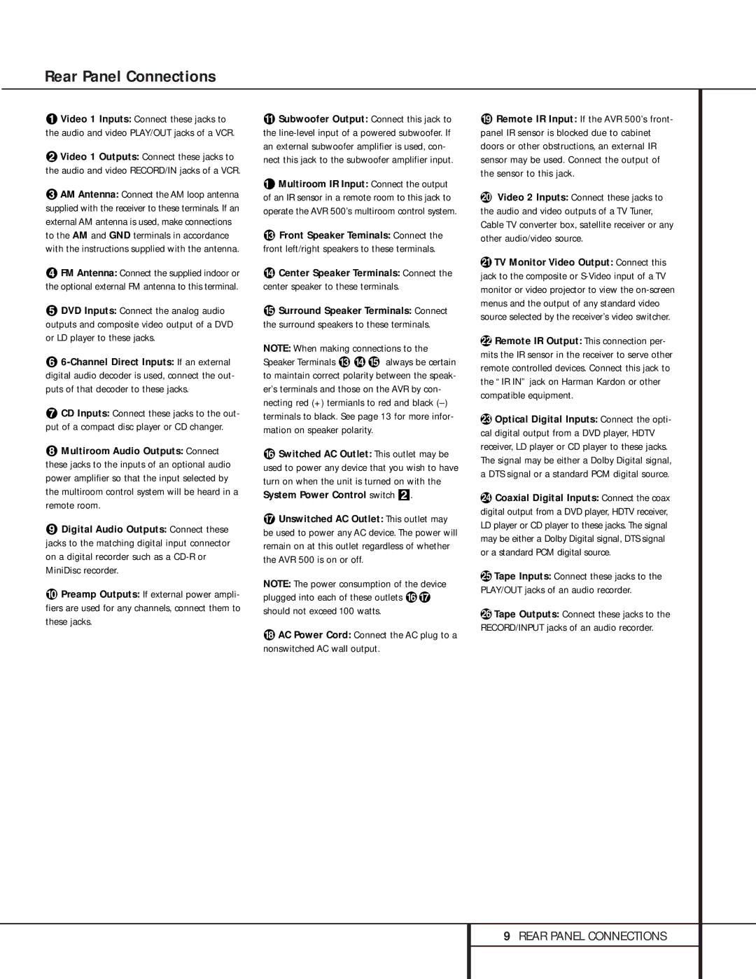 Harman-Kardon AVR 500 manual Rear Panel Connections 