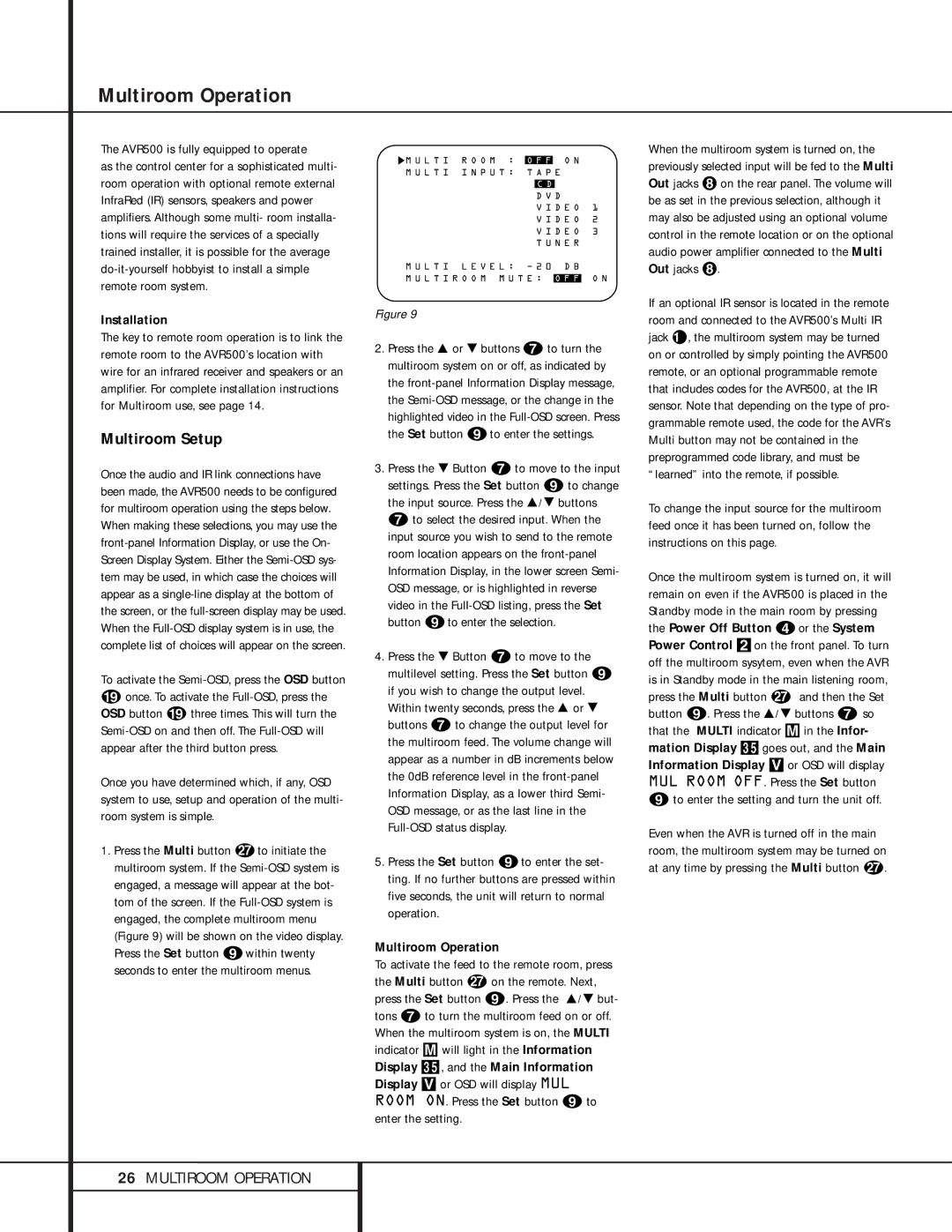 Harman-Kardon AVR 500 manual Multiroom Operation, Multiroom Setup, Installation 