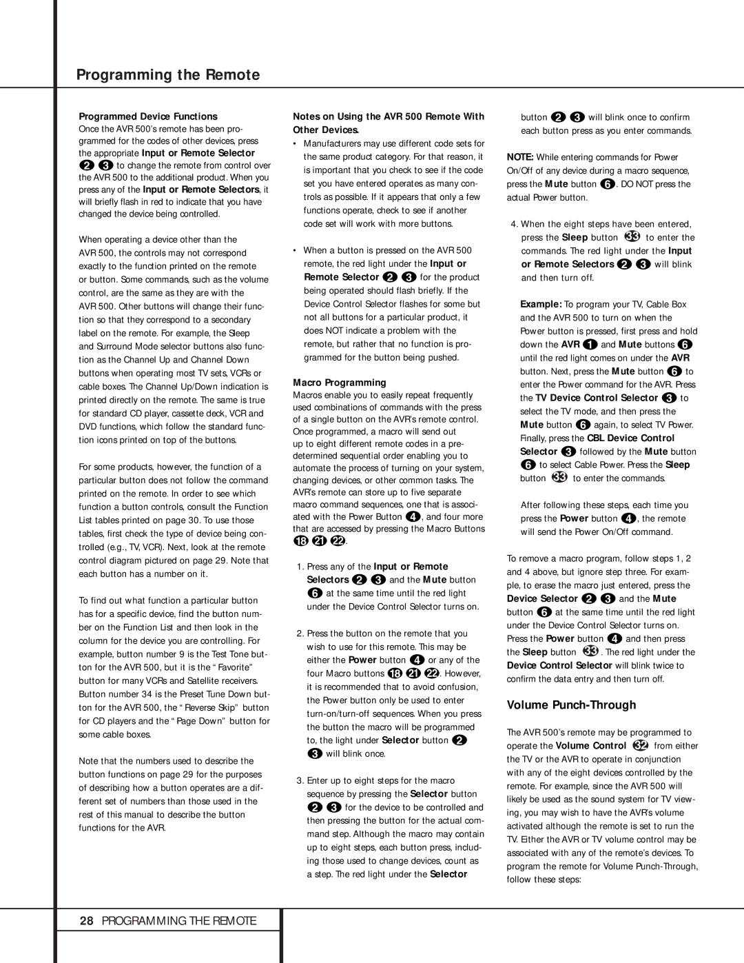 Harman-Kardon AVR 500 manual Volume Punch-Through, Programmed Device Functions, Macro Programming 