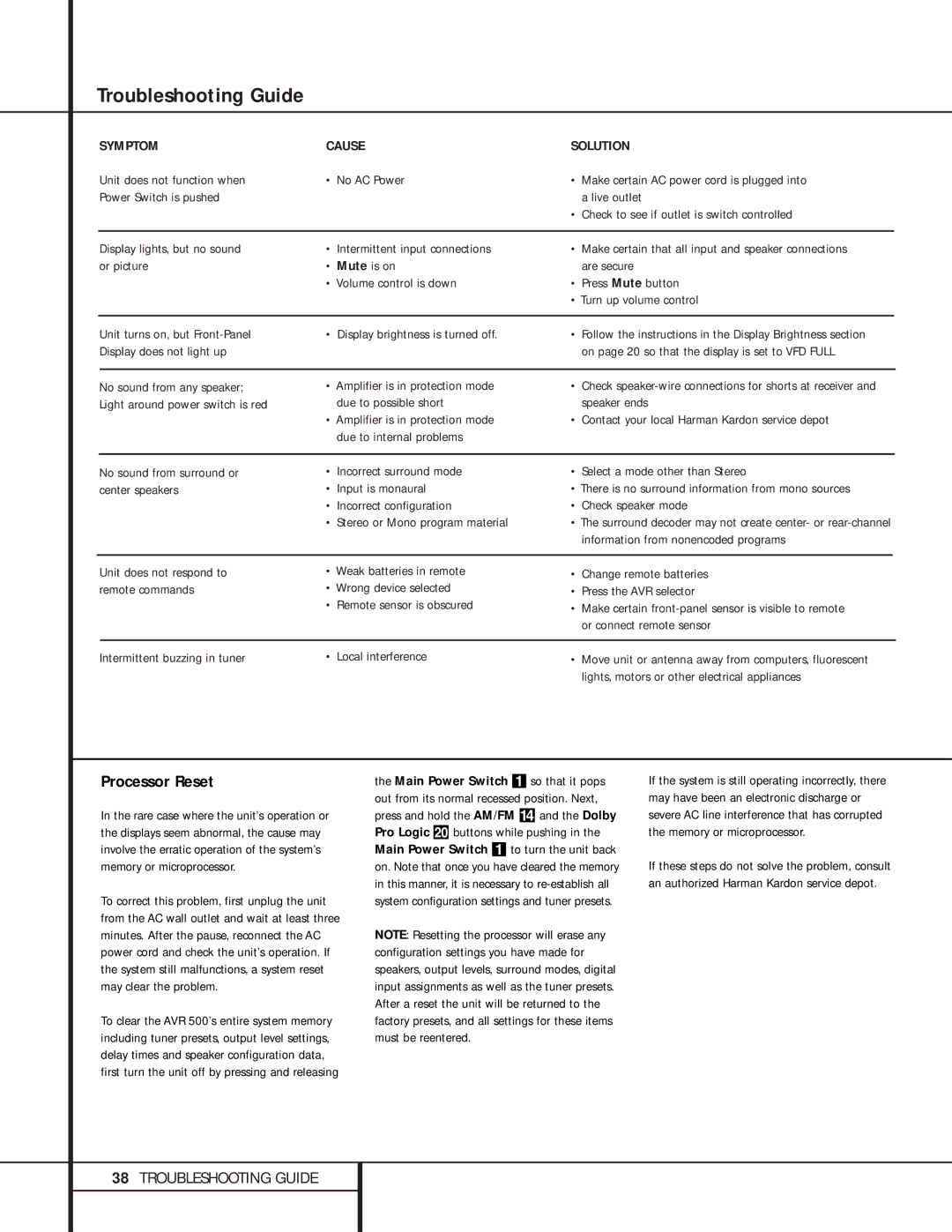 Harman-Kardon AVR 500 manual Troubleshooting Guide, Processor Reset, Display brightness is turned off 