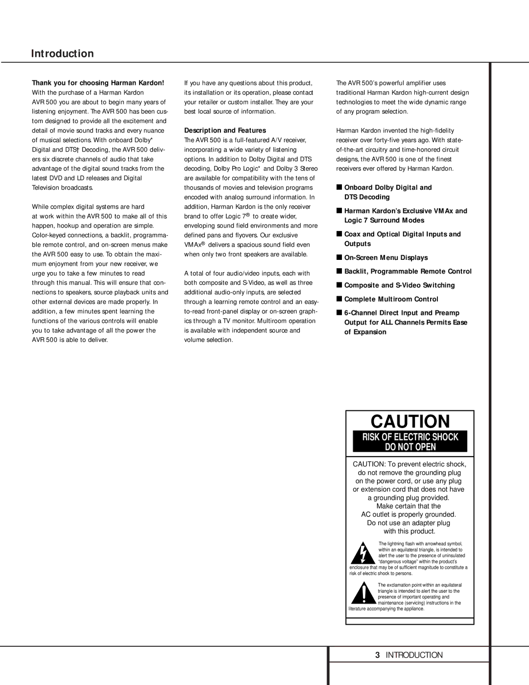 Harman-Kardon AVR 500 manual Introduction, While complex digital systems are hard, Description and Features 