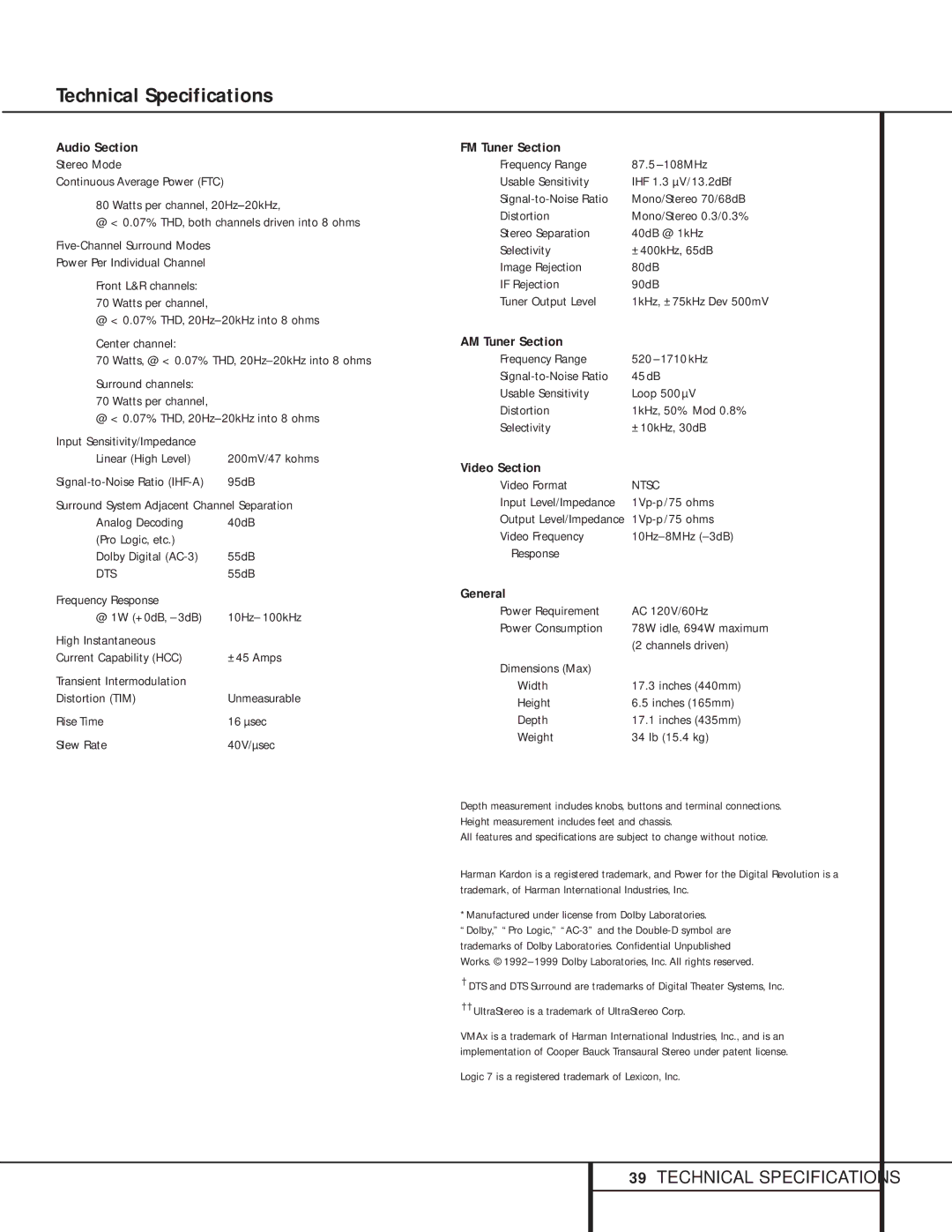 Harman-Kardon AVR 500 manual Technical Specifications 