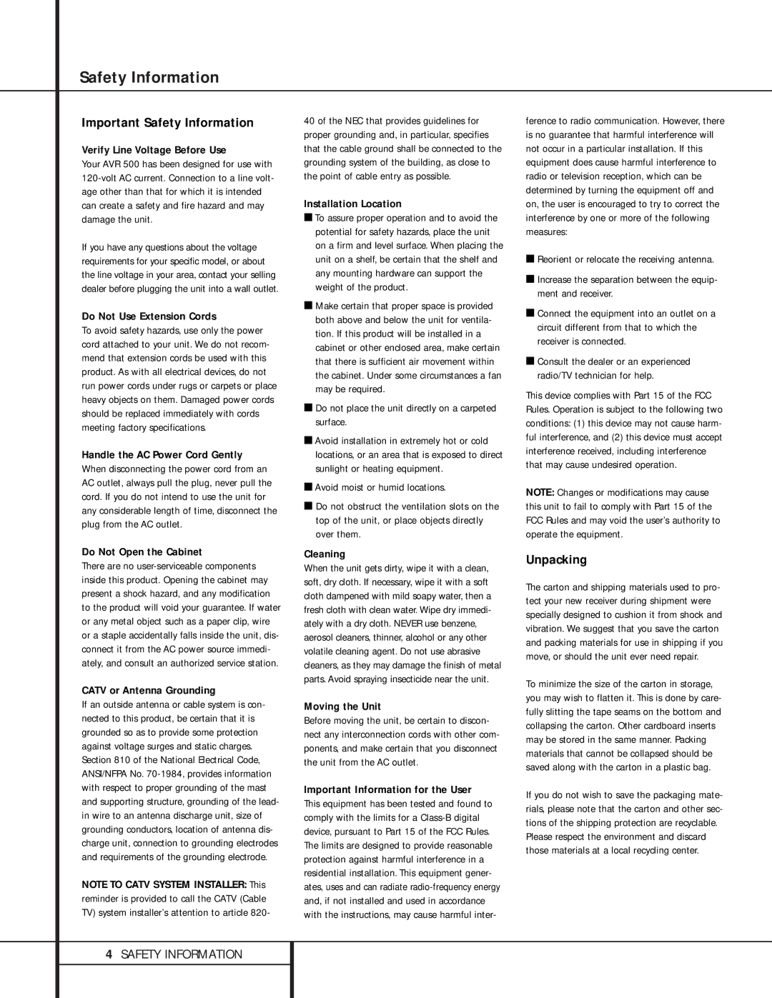 Harman-Kardon AVR 500 manual Important Safety Information, Unpacking 