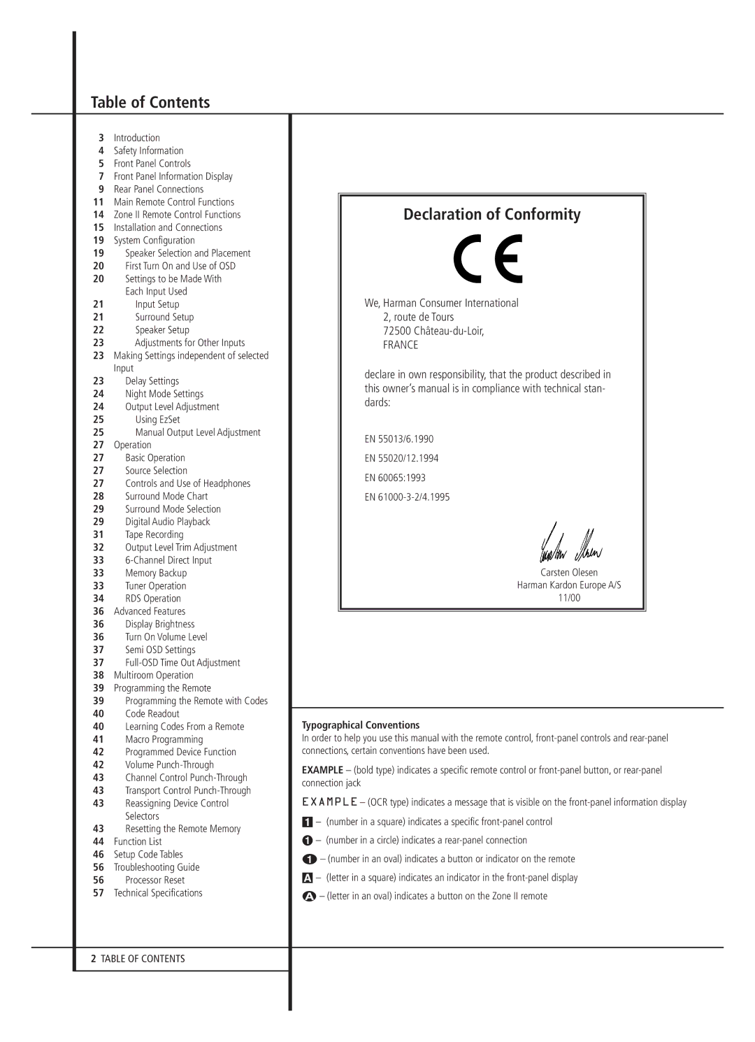 Harman-Kardon AVR 5000 owner manual Table of Contents, Declaration of Conformity 