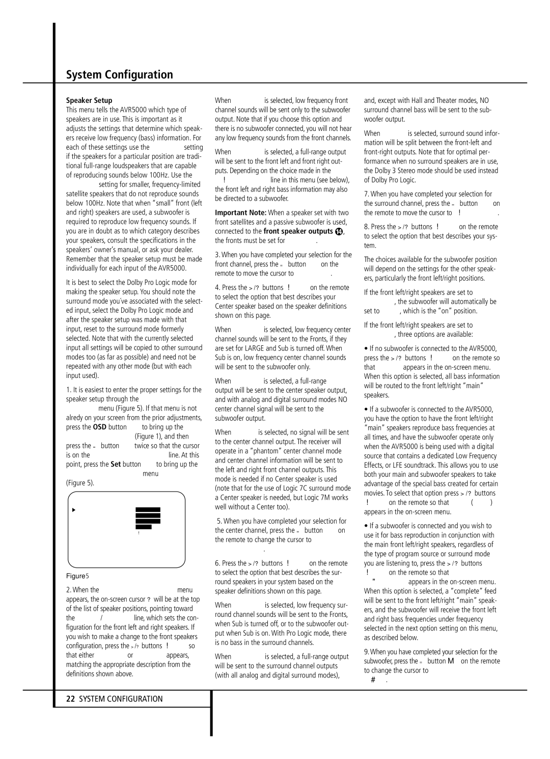 Harman-Kardon AVR 5000 owner manual Speaker Setup, Surround 