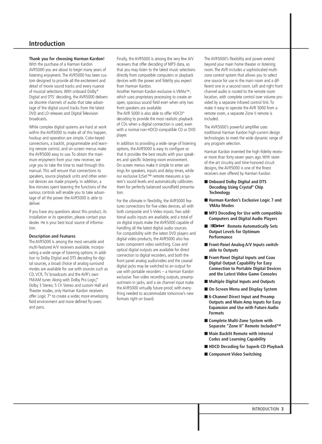 Harman-Kardon AVR 5000 owner manual Introduction, Description and Features, Output Levels for Optimum, Performance 