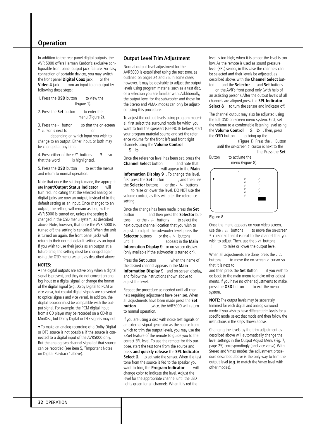 Harman-Kardon AVR 5000 owner manual Output Level Trim Adjustment, Press the OSD button Lto view the Master Menu Figure 