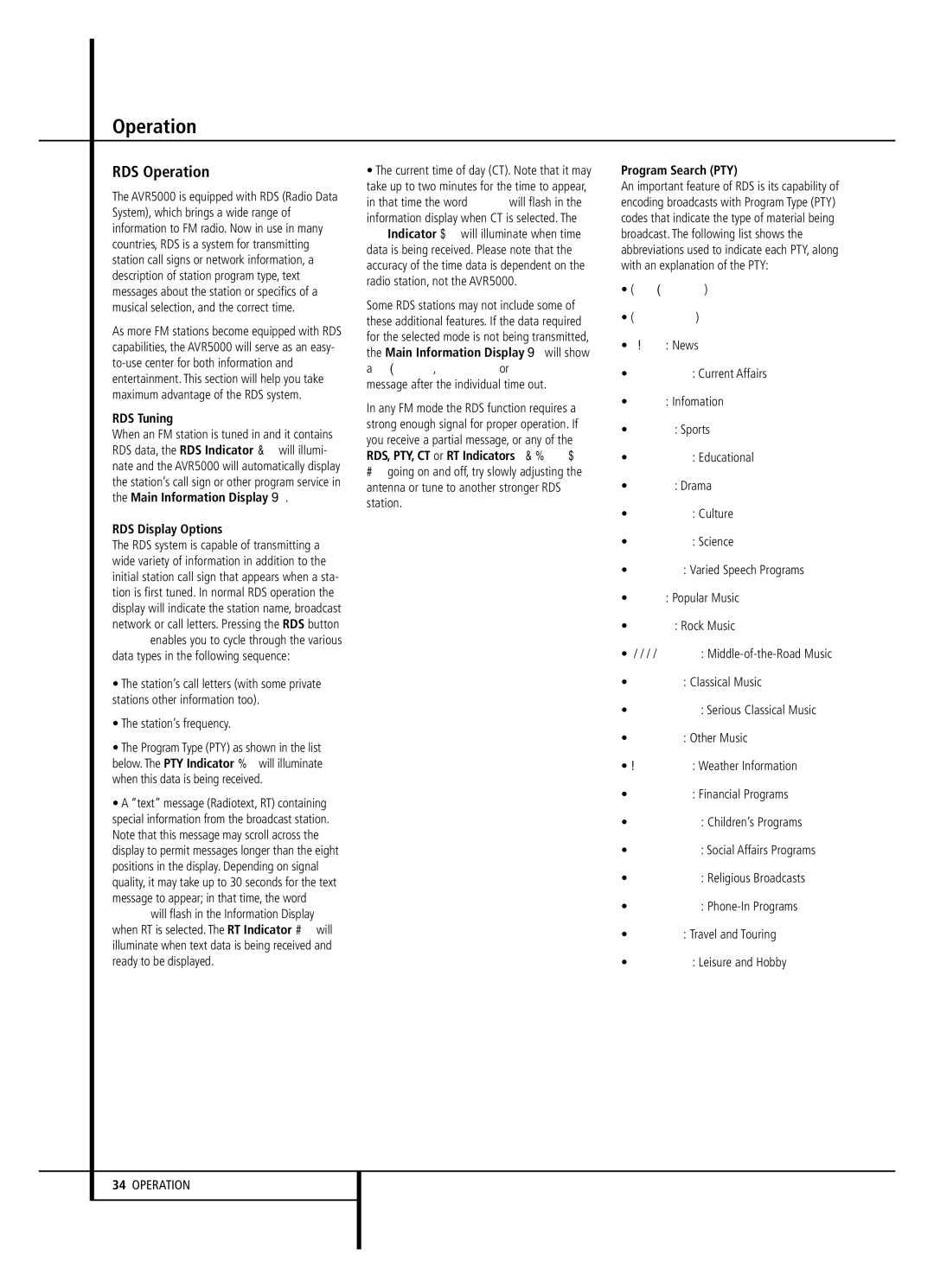 Harman-Kardon AVR 5000 owner manual RDS Operation, RDS Tuning, RDS Display Options, Program Search PTY, RDS only Traffic 